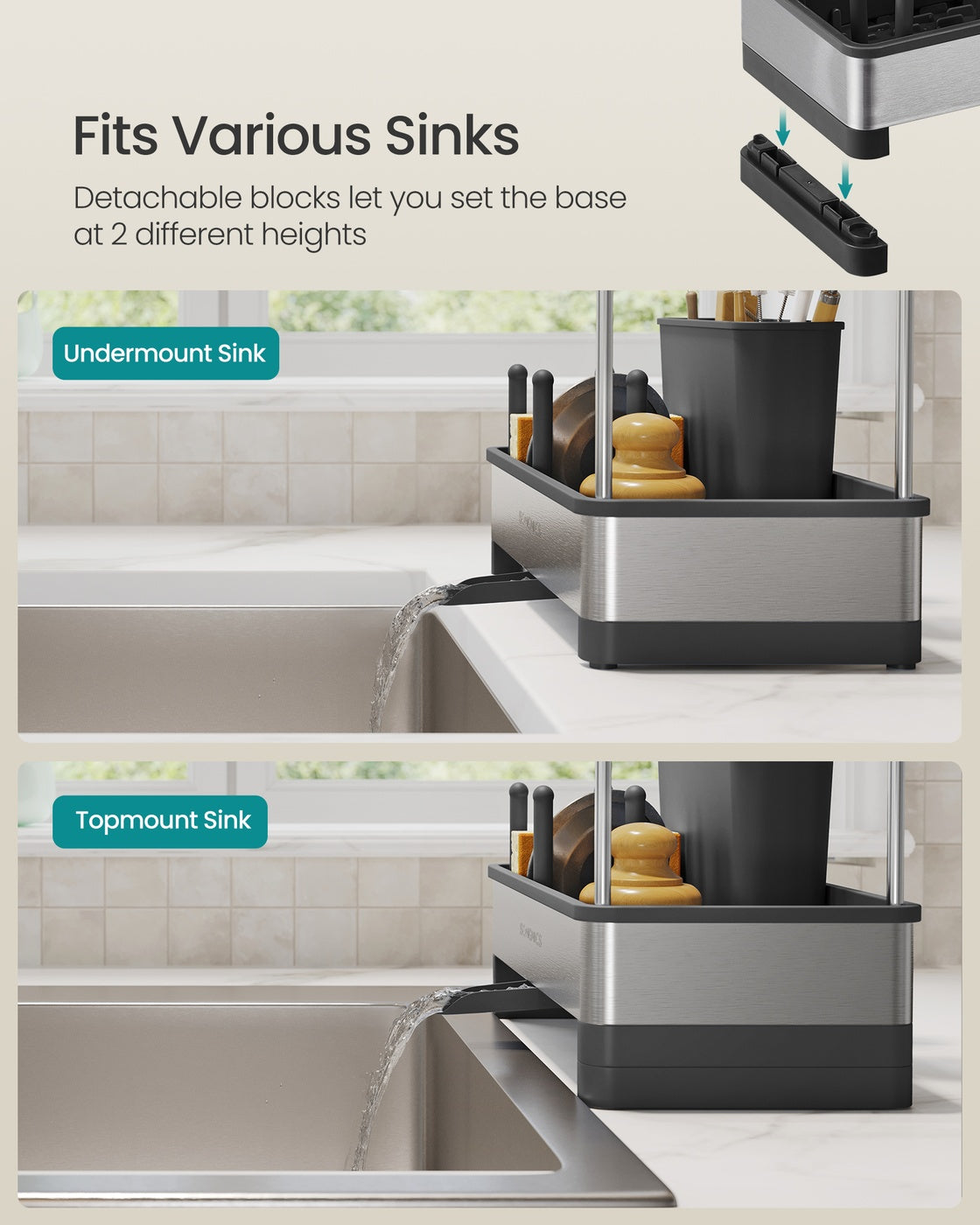 Kitchen Sink Caddy - 12.7L - Stainless Steel - Sponge Holder - Rotatable Spout