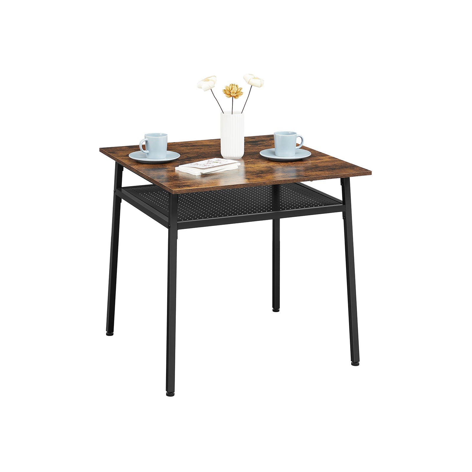 Square Dining Table – Wood and Metal – Rustic Brown and Black – Compact Design with Storage Compartment