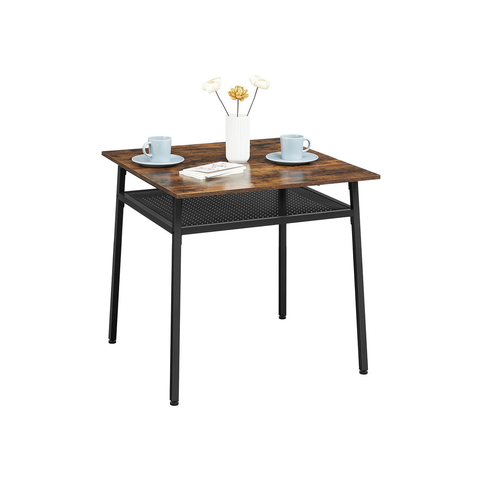 Square Dining Table – Wood and Metal – Rustic Brown and Black – Compact Design with Storage Compartment