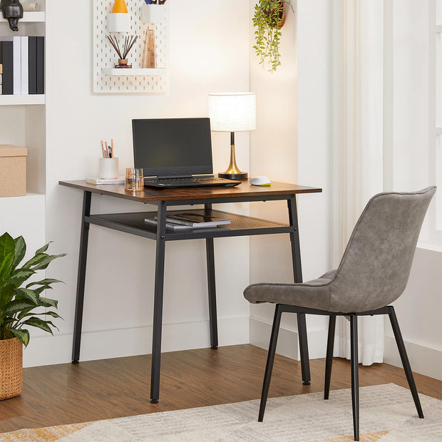 Square Dining Table – Wood and Metal – Rustic Brown and Black – Compact Design with Storage Compartment