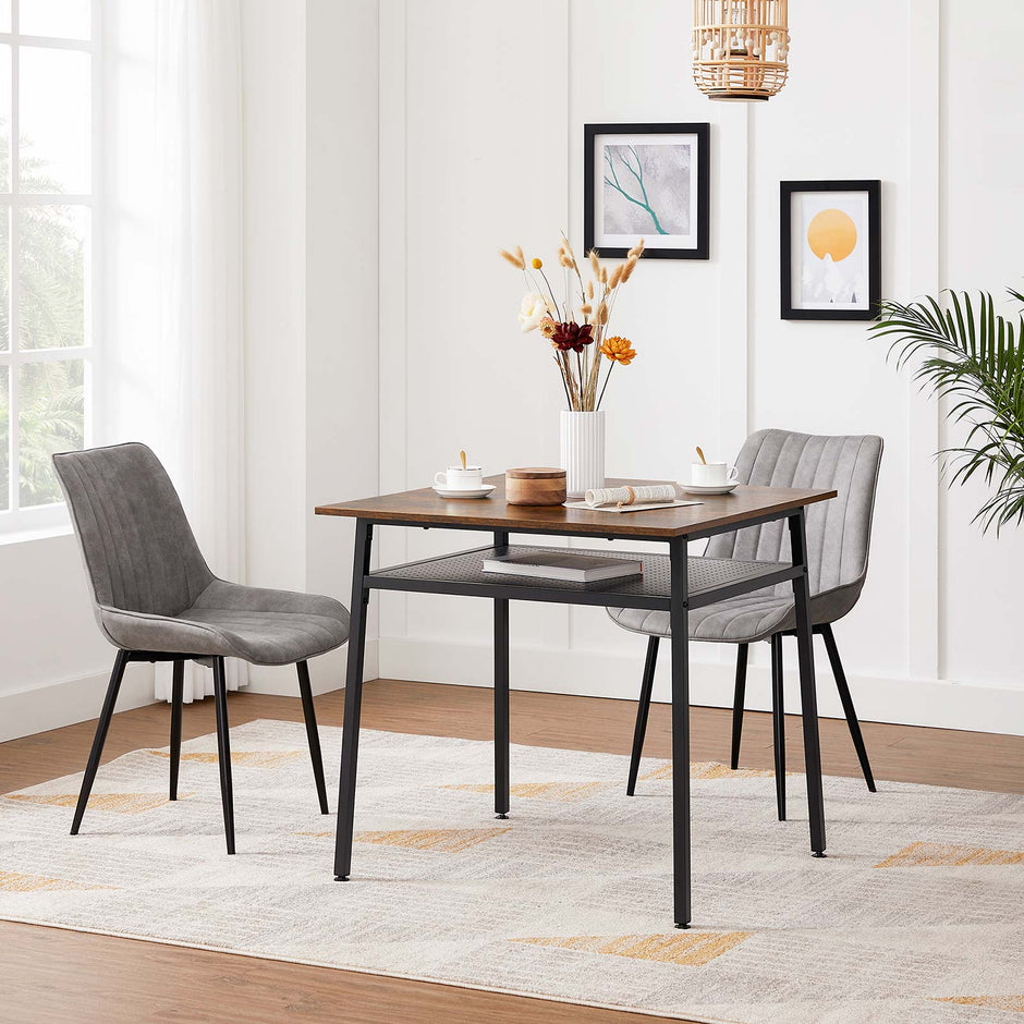 Square Dining Table – Wood and Metal – Rustic Brown and Black – Compact Design with Storage Compartment