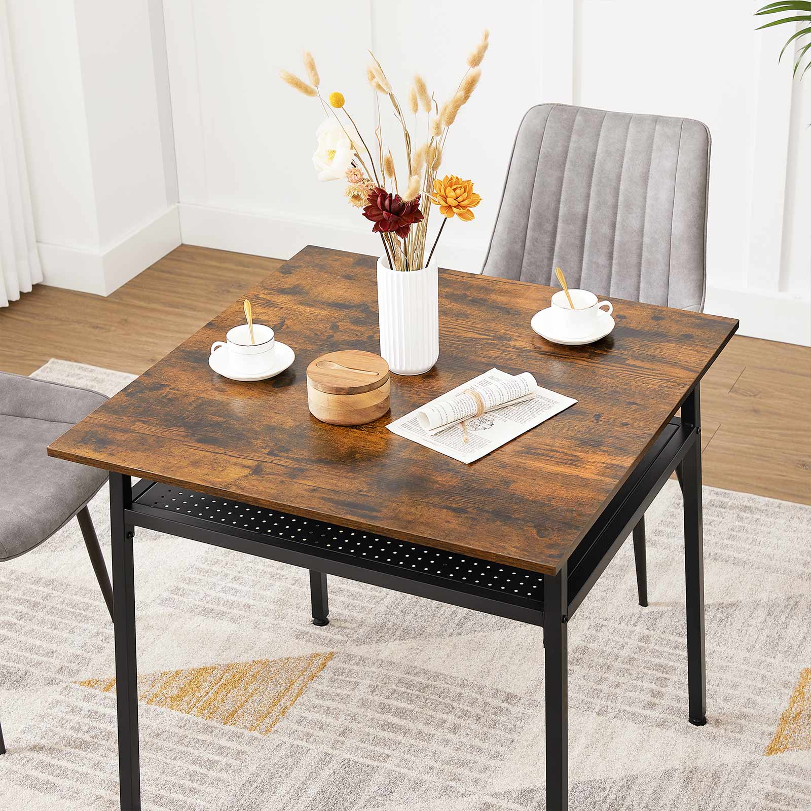 Square Dining Table – Wood and Metal – Rustic Brown and Black – Compact Design with Storage Compartment