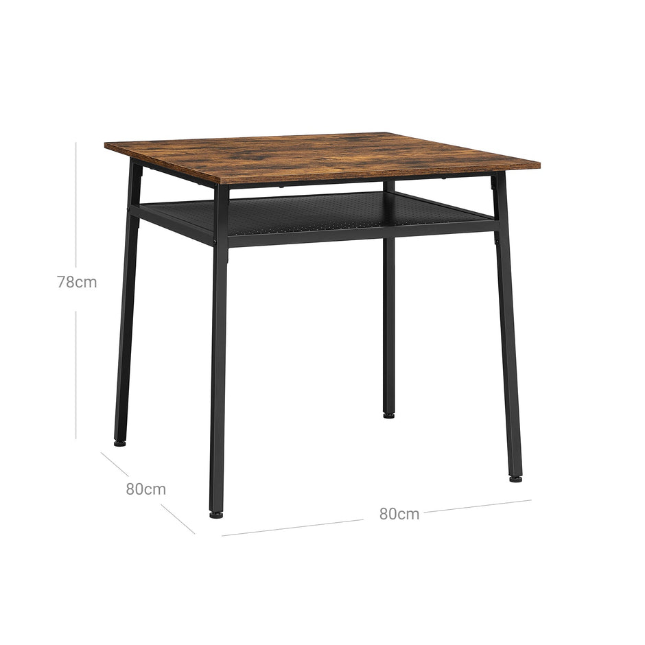 Square Dining Table – Wood and Metal – Rustic Brown and Black – Compact Design with Storage Compartment