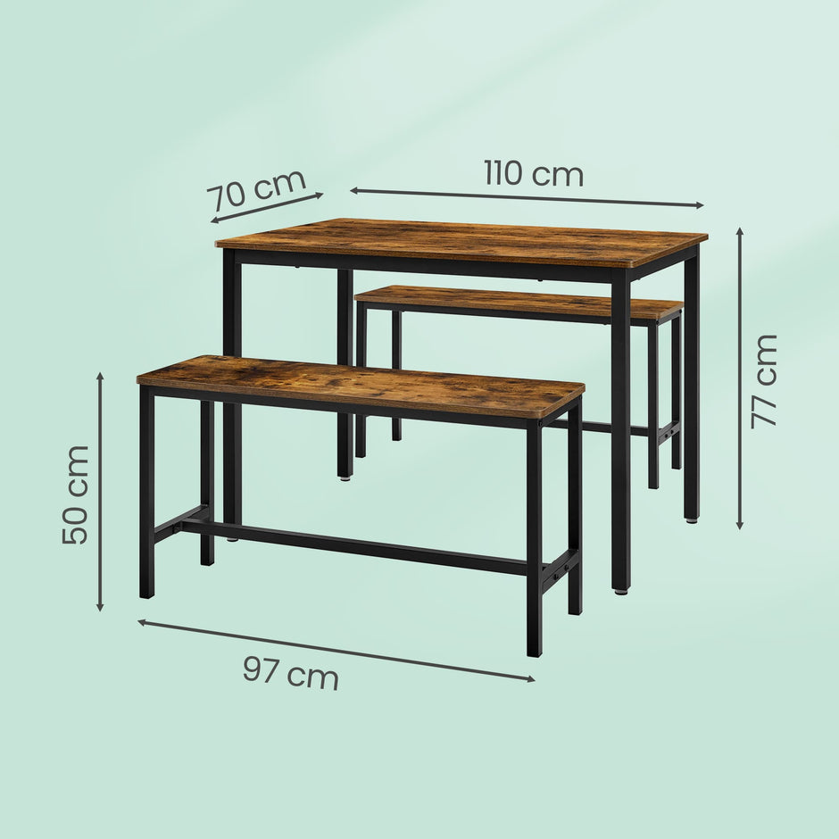 3-Piece Kitchen Table and Bench Set – Steel Frame – Rustic Brown and Black – Space-Saving Industrial Design