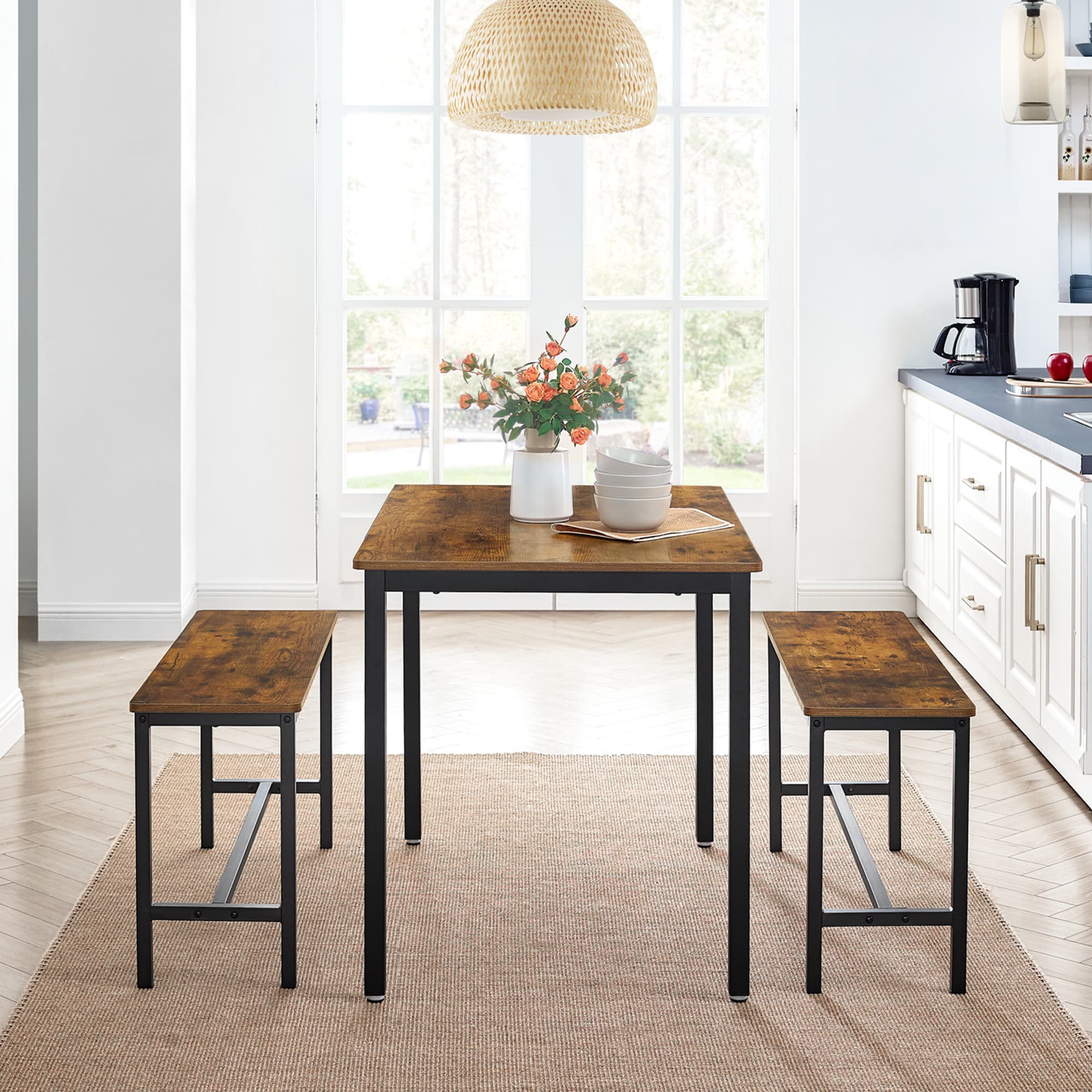 3-Piece Kitchen Table and Bench Set – Steel Frame – Rustic Brown and Black – Space-Saving Industrial Design