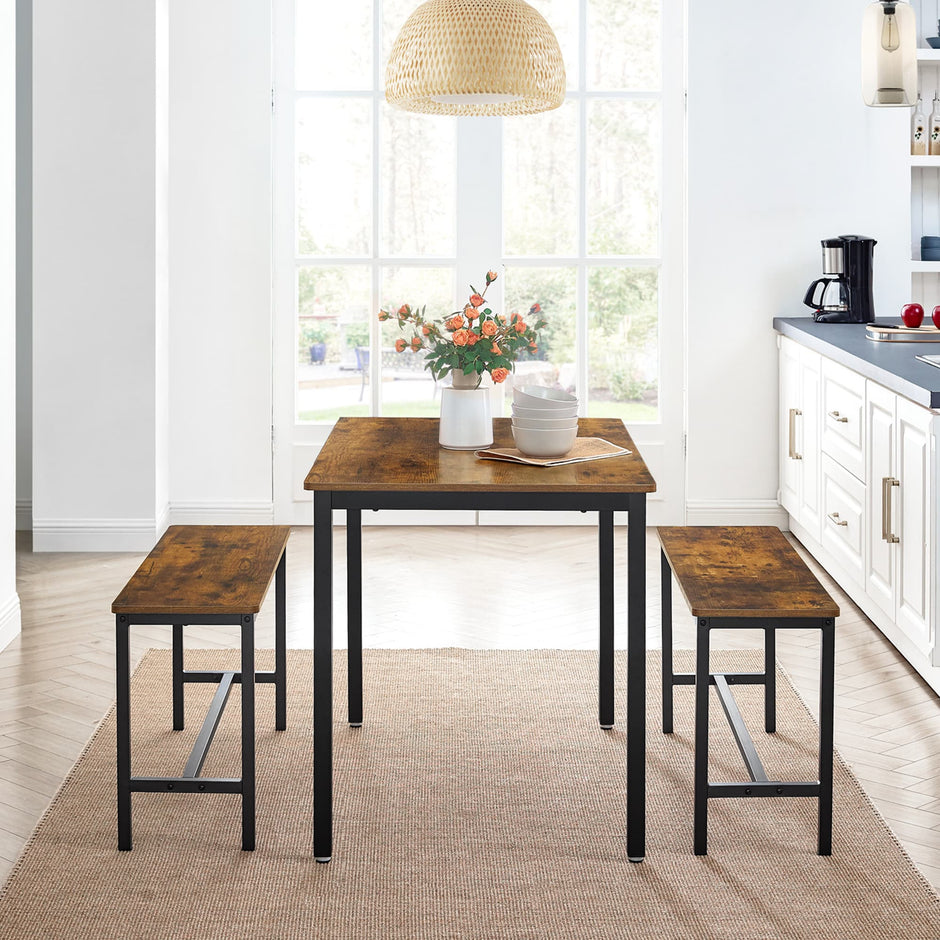 3-Piece Kitchen Table and Bench Set – Steel Frame – Rustic Brown and Black – Space-Saving Industrial Design