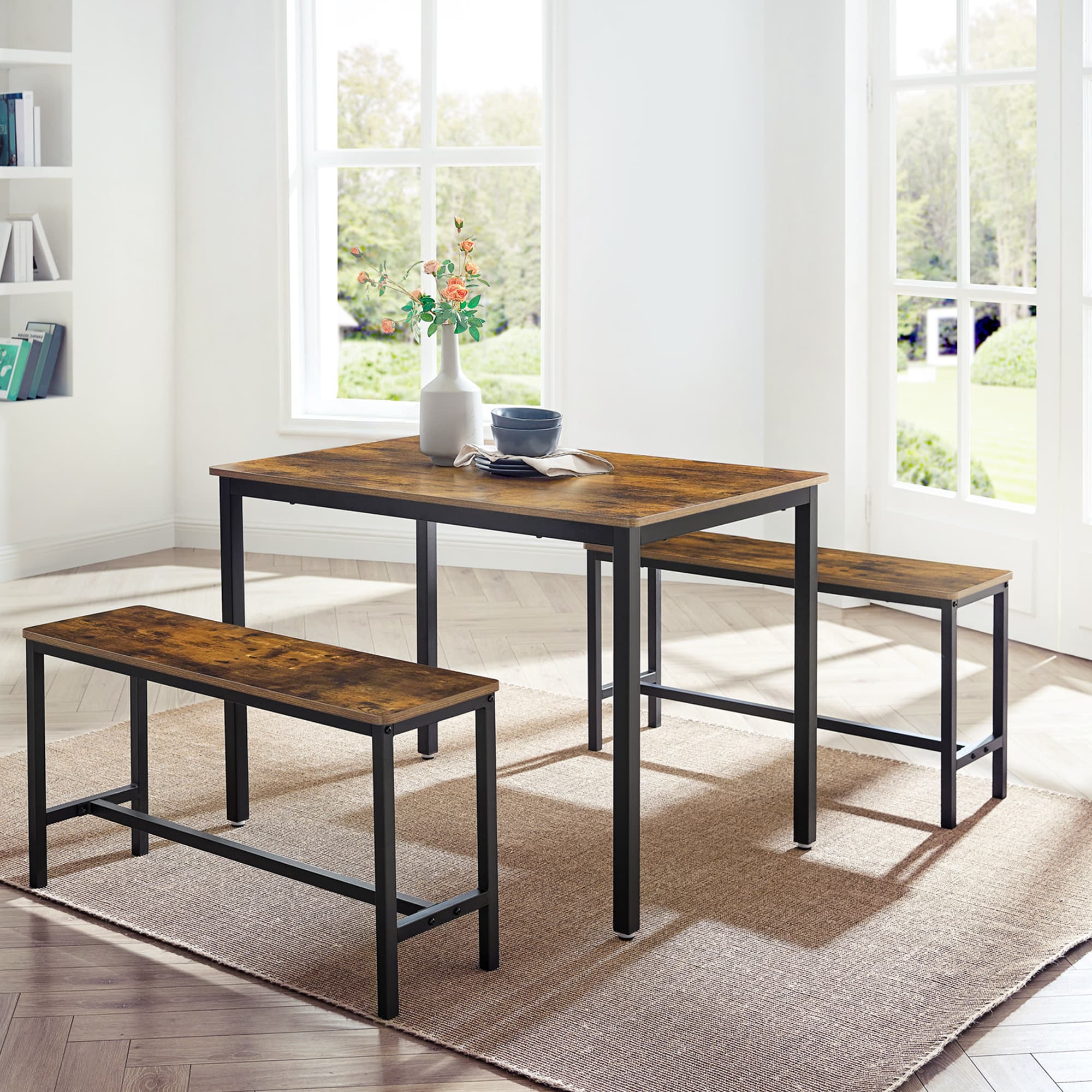3-Piece Kitchen Table and Bench Set – Steel Frame – Rustic Brown and Black – Space-Saving Industrial Design