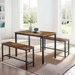 3-Piece Kitchen Table and Bench Set – Steel Frame – Rustic Brown and Black – Space-Saving Industrial Design