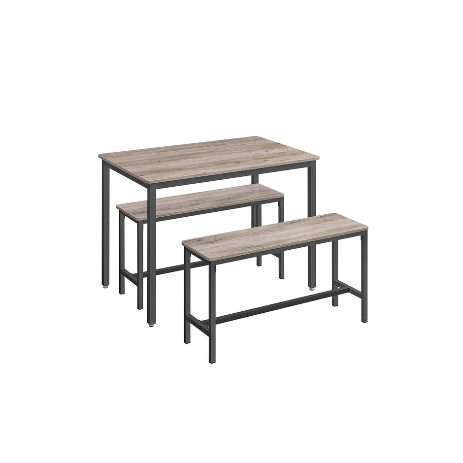 Dining Table Set – Steel Frame – Heather Greige and Ink Black – Industrial Design with 2 Benches