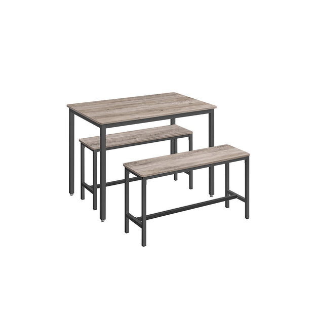 Dining Table Set – Steel Frame – Heather Greige and Ink Black – Industrial Design with 2 Benches