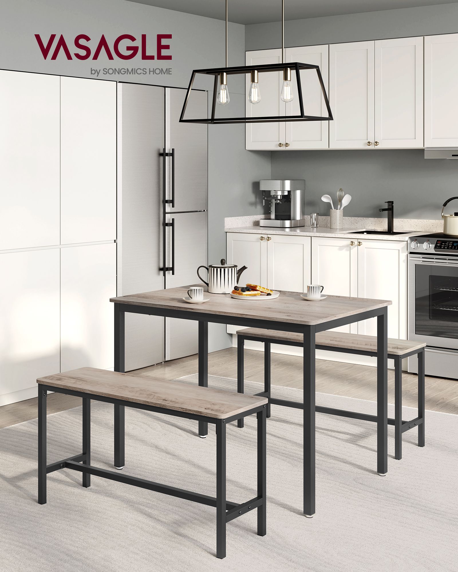 Dining Table Set – Steel Frame – Heather Greige and Ink Black – Industrial Design with 2 Benches