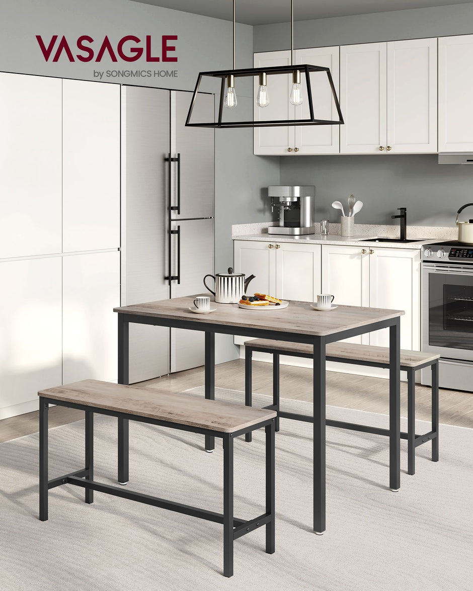 Dining Table Set – Steel Frame – Heather Greige and Ink Black – Industrial Design with 2 Benches