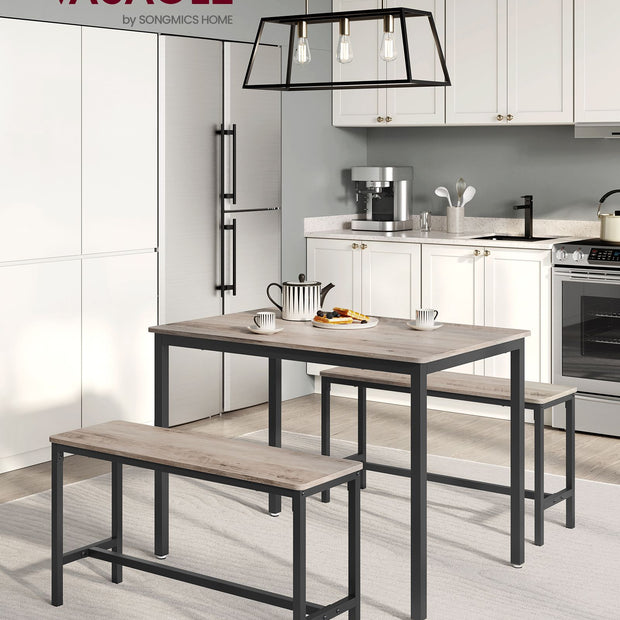 Dining Table Set – Steel Frame – Heather Greige and Ink Black – Industrial Design with 2 Benches