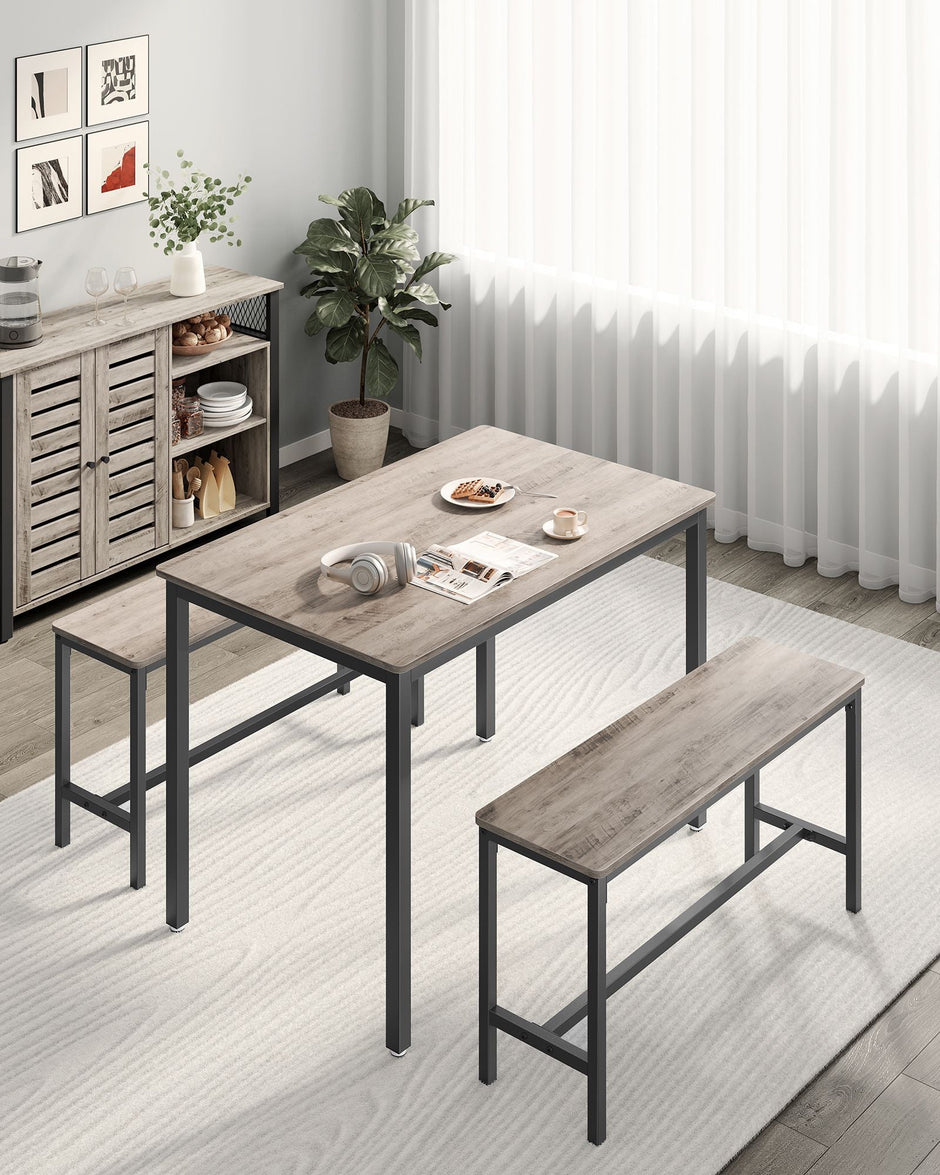 Dining Table Set – Steel Frame – Heather Greige and Ink Black – Industrial Design with 2 Benches