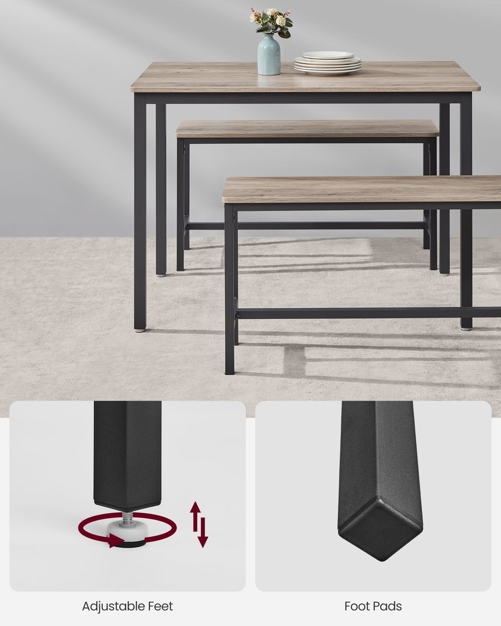 Dining Table Set – Steel Frame – Heather Greige and Ink Black – Industrial Design with 2 Benches