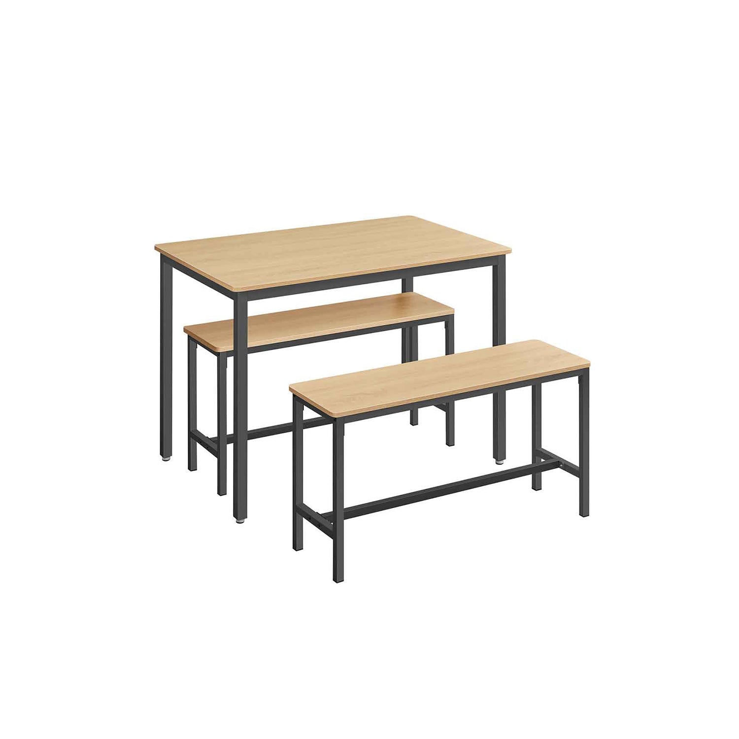 Dining Table Set – Steel – Rustic Brown and Black – Industrial Design with 2 Benches
