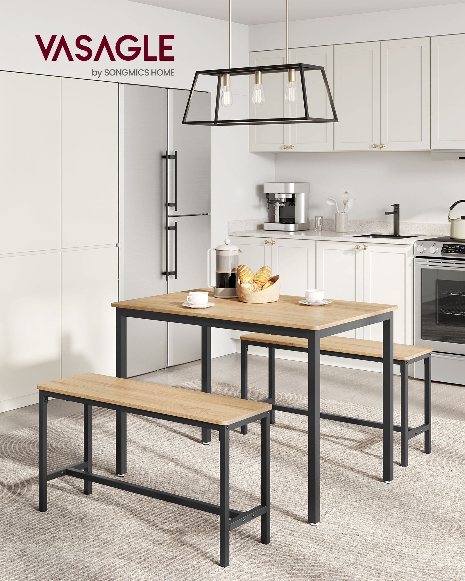 Dining Table Set – Steel – Rustic Brown and Black – Industrial Design with 2 Benches
