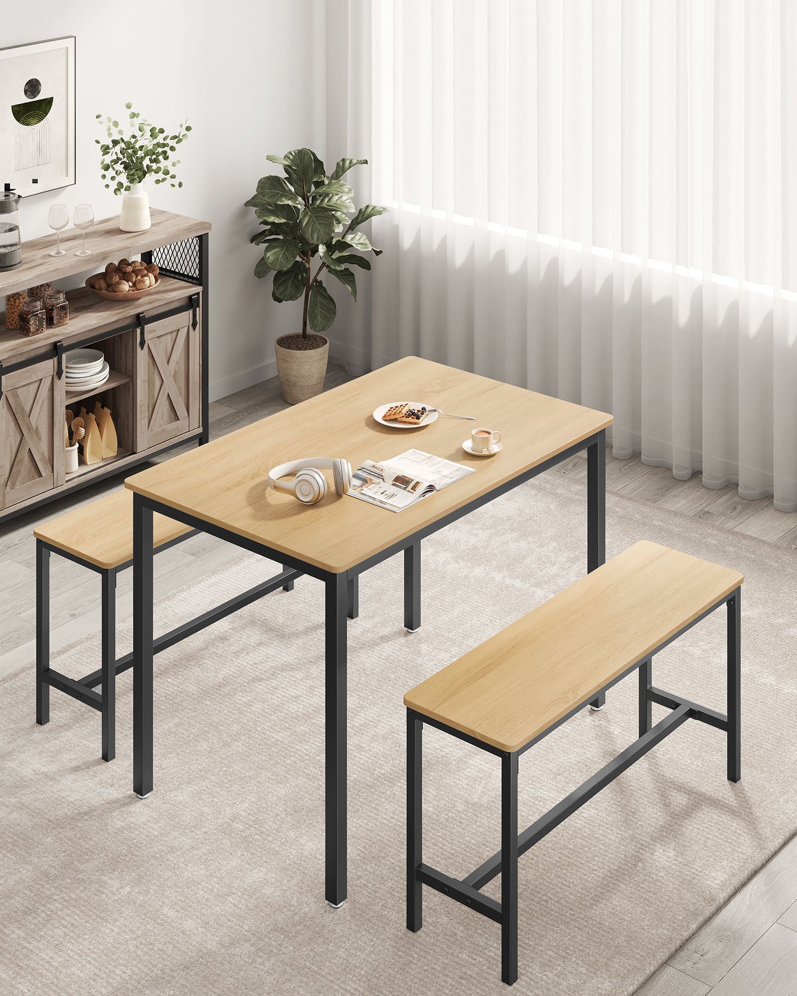 Dining Table Set – Steel – Rustic Brown and Black – Industrial Design with 2 Benches