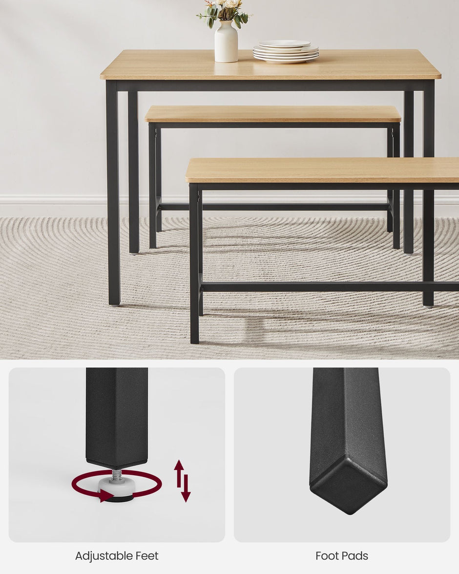 Dining Table Set – Steel – Rustic Brown and Black – Industrial Design with 2 Benches