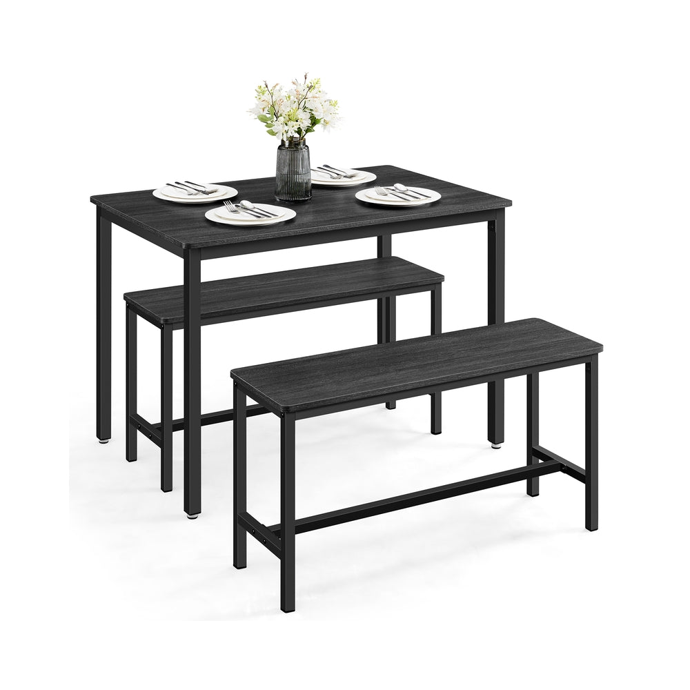 Dining Table Set – Steel – Rustic Brown and Black – Includes 2 Benches