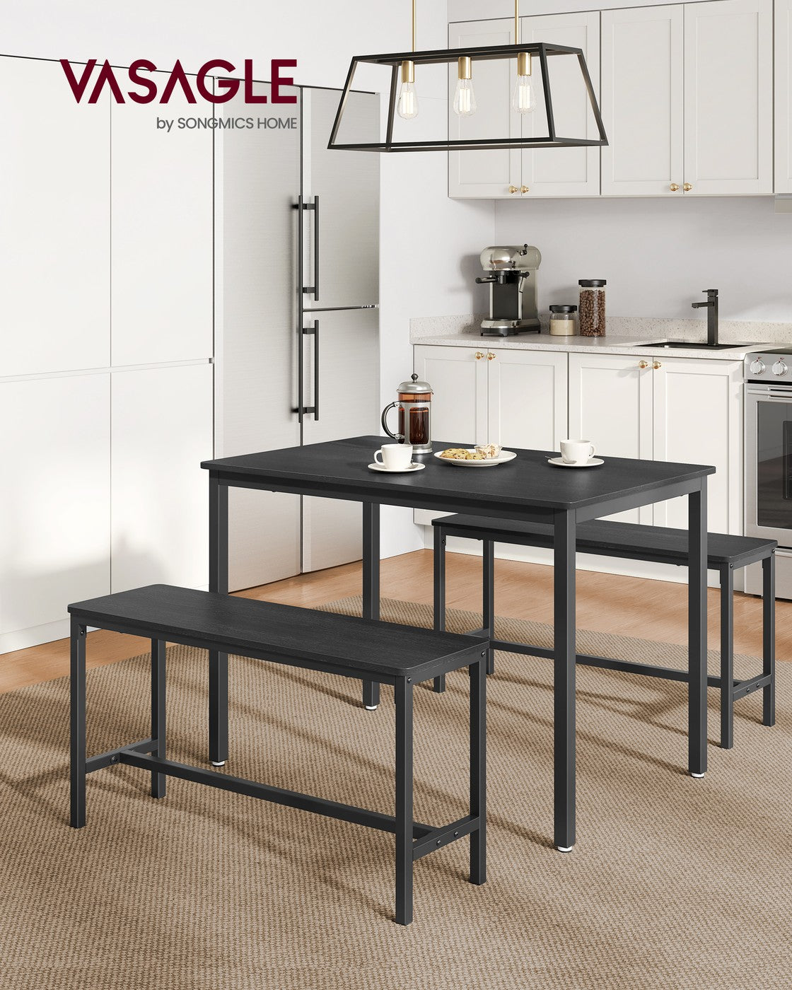 Dining Table Set – Steel – Rustic Brown and Black – Includes 2 Benches