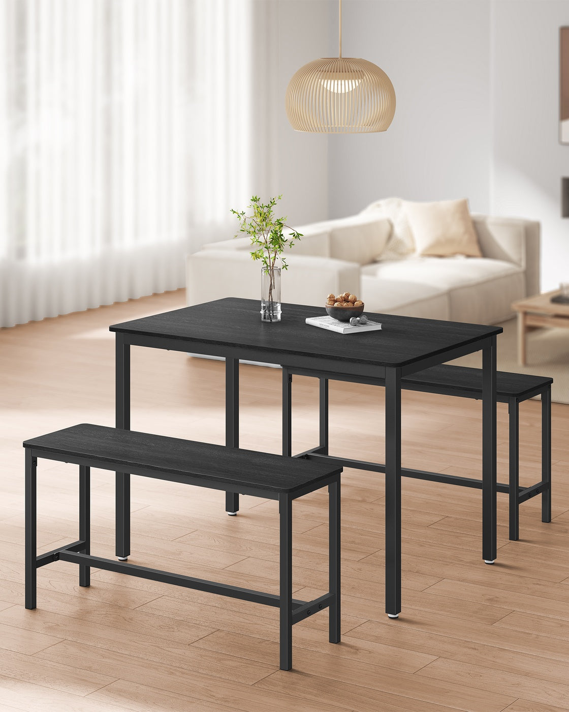 Dining Table Set – Steel – Rustic Brown and Black – Includes 2 Benches