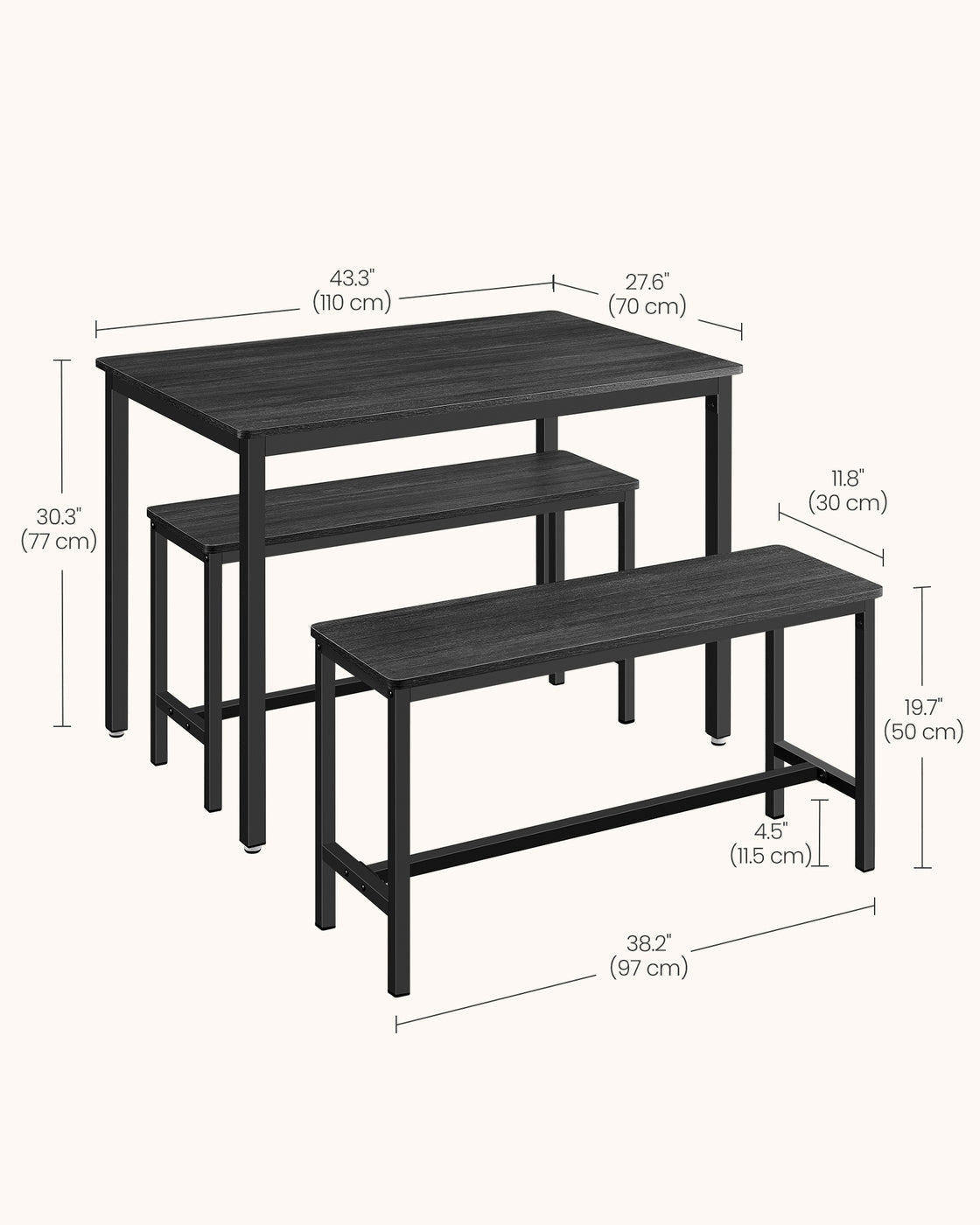 Dining Table Set – Steel – Rustic Brown and Black – Includes 2 Benches