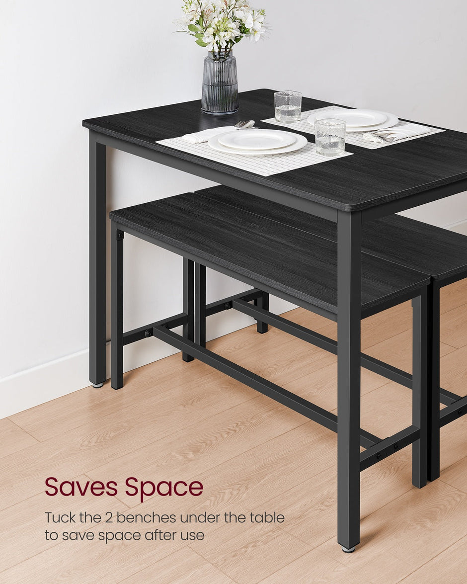 Dining Table Set – Steel – Rustic Brown and Black – Includes 2 Benches