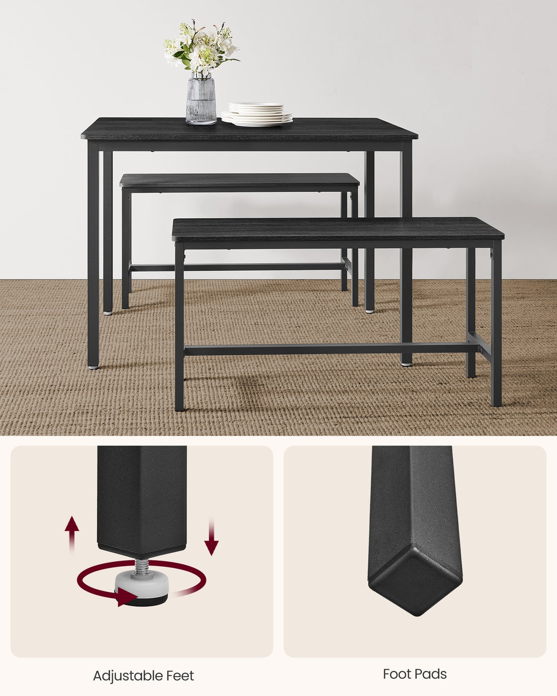Dining Table Set – Steel – Rustic Brown and Black – Includes 2 Benches
