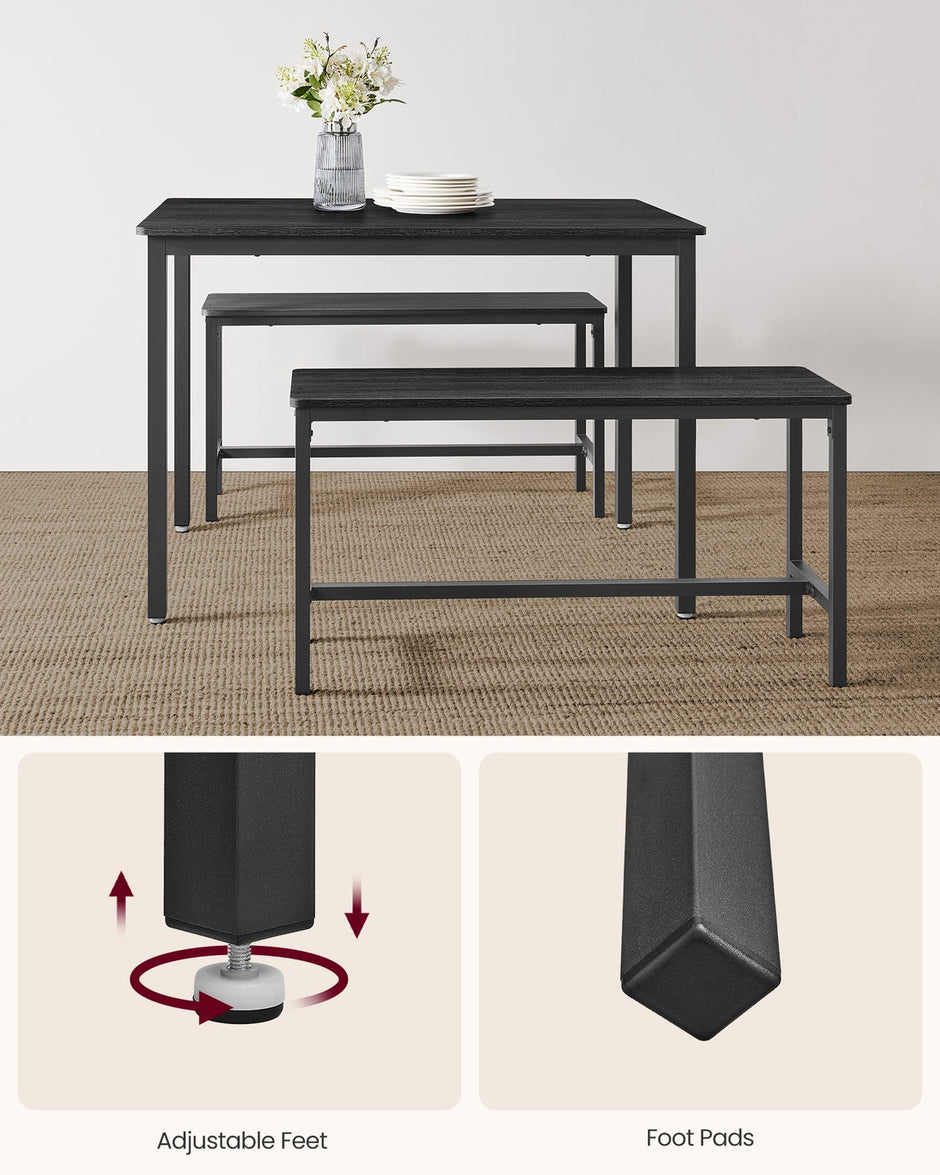 Dining Table Set – Steel – Rustic Brown and Black – Includes 2 Benches