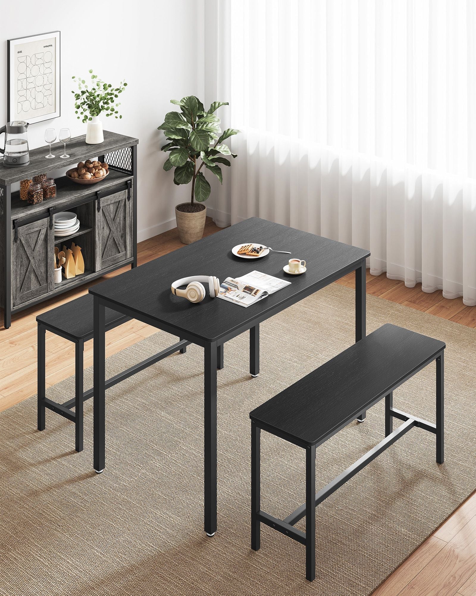 Dining Table Set – Steel – Ash Black and Ink Black – Industrial Design with 2 Benches