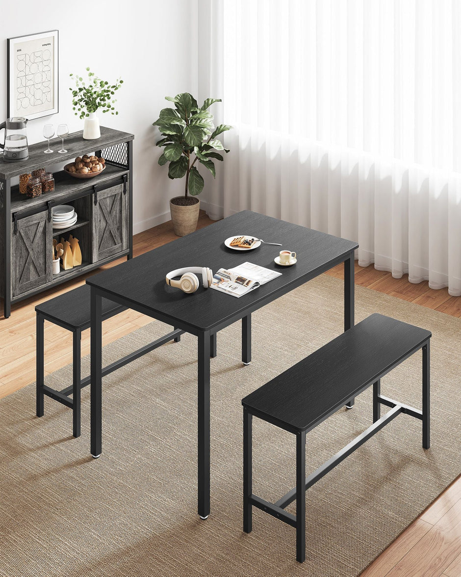 Dining Table Set – Steel – Ash Black and Ink Black – Industrial Design with 2 Benches
