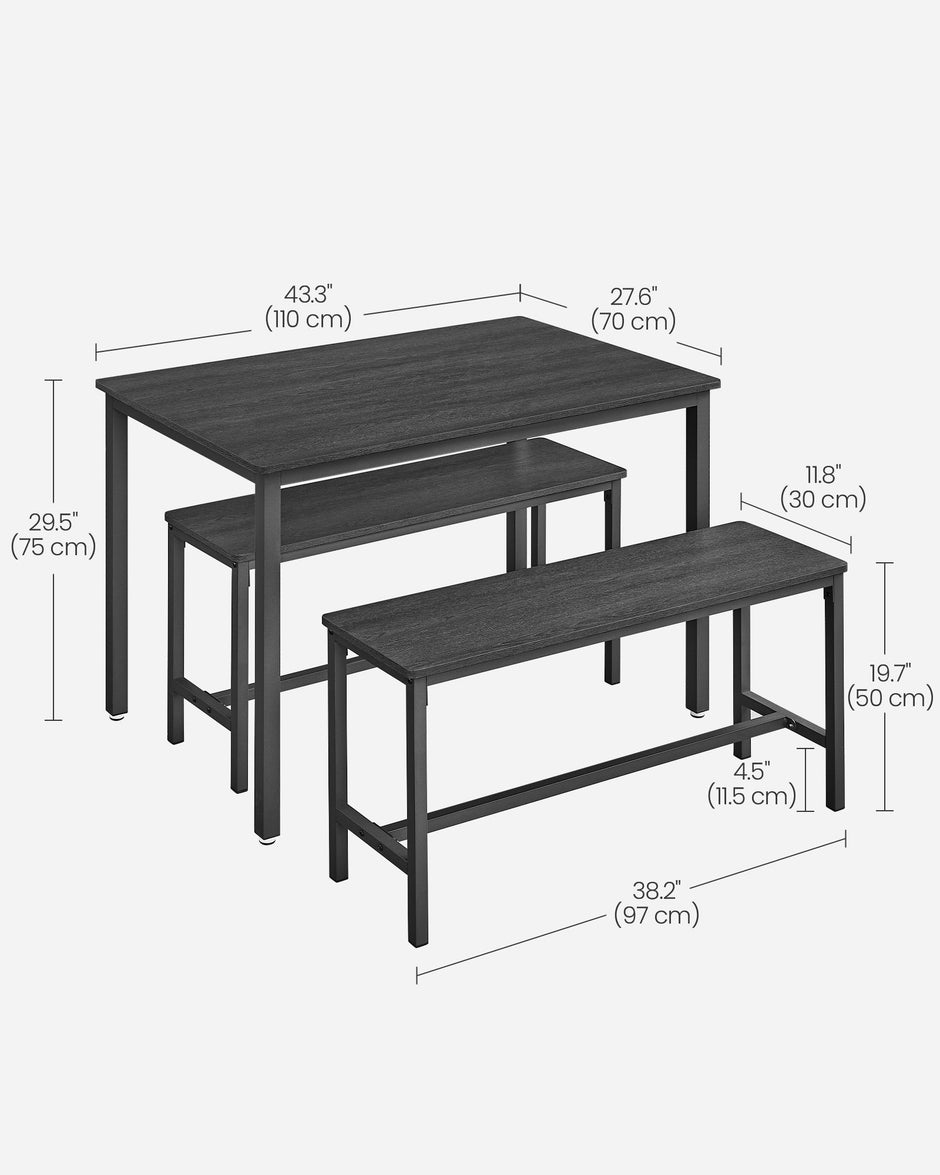 Dining Table Set – Steel – Ash Black and Ink Black – Industrial Design with 2 Benches