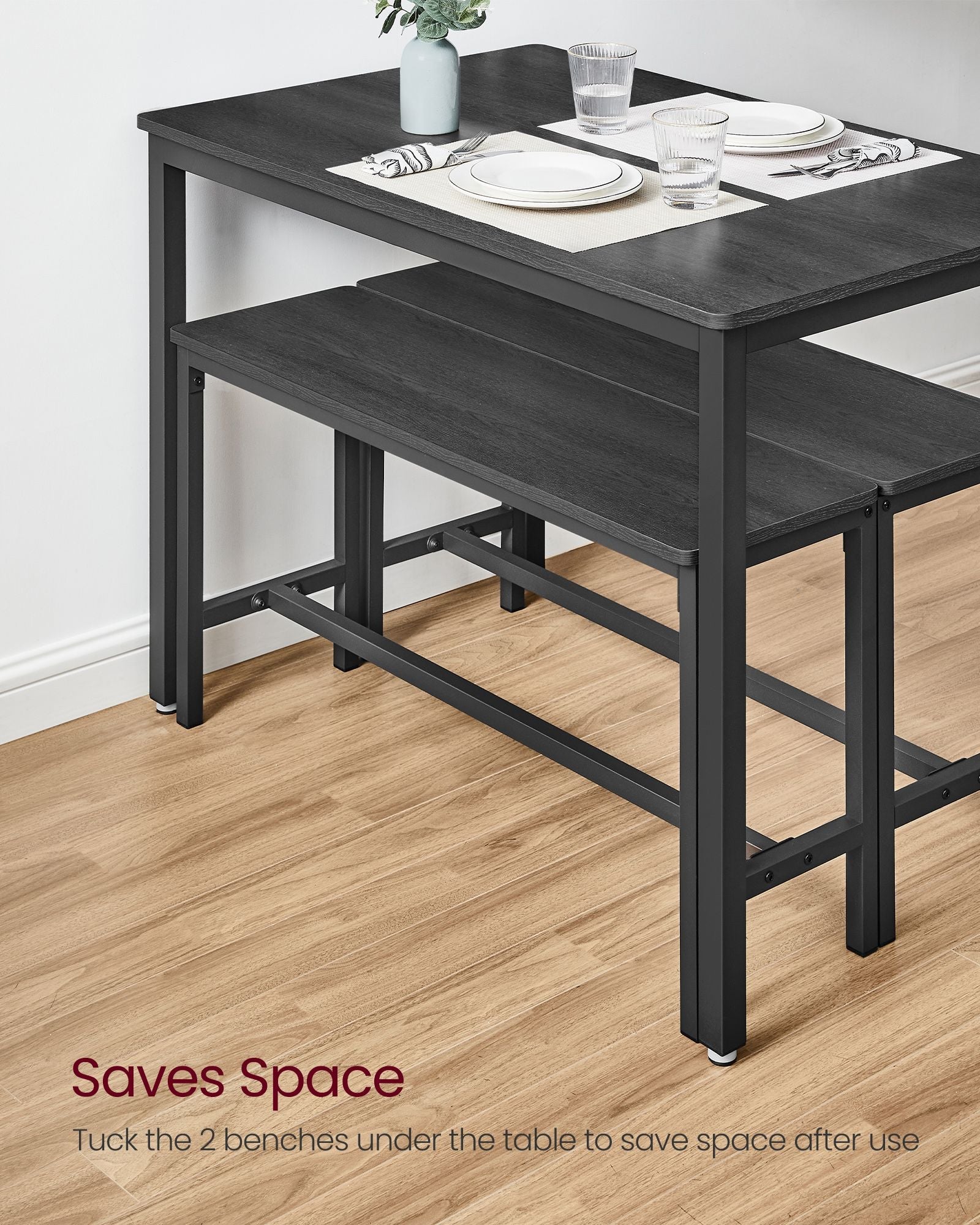 Dining Table Set – Steel – Ash Black and Ink Black – Industrial Design with 2 Benches