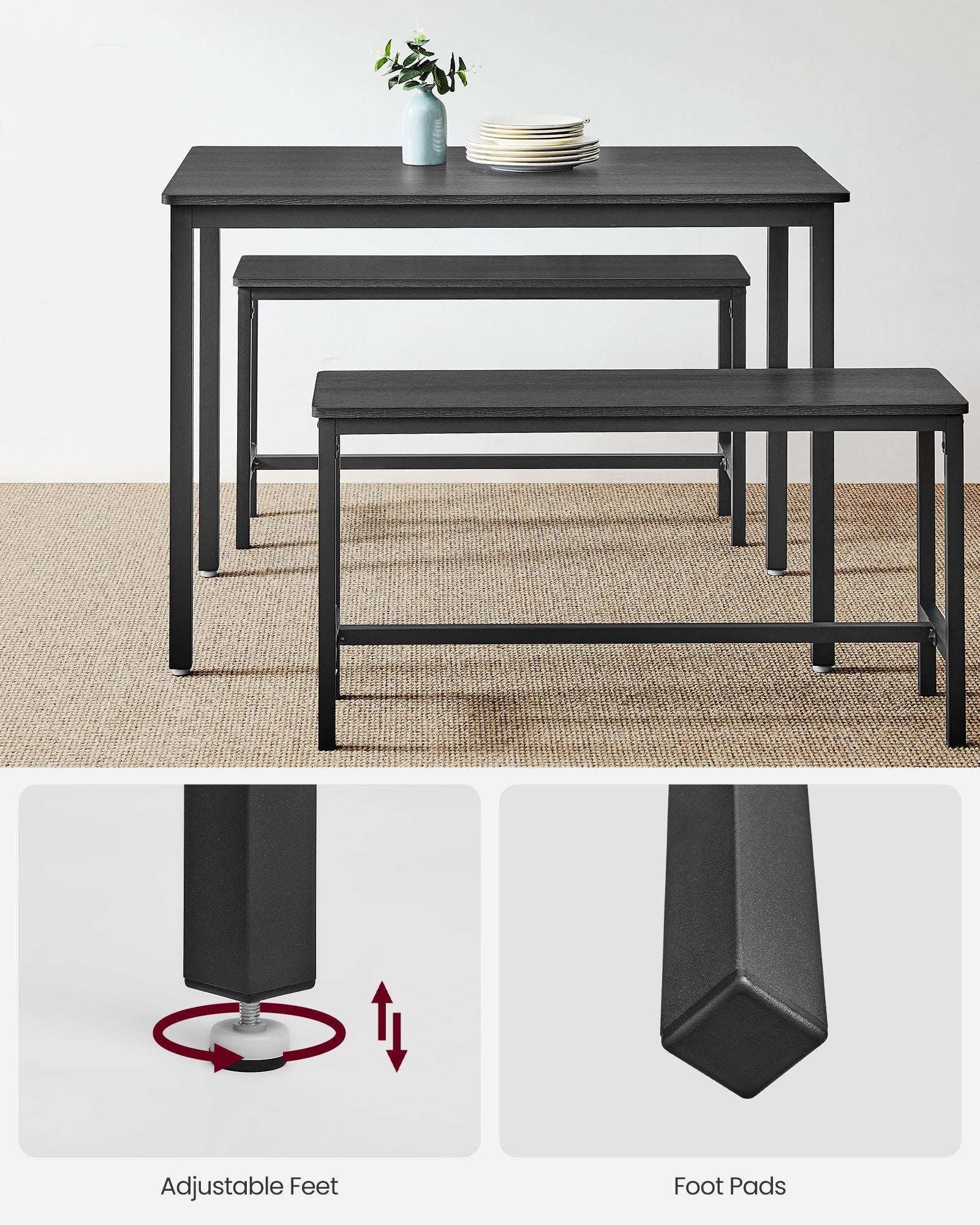 Dining Table Set – Steel – Ash Black and Ink Black – Industrial Design with 2 Benches