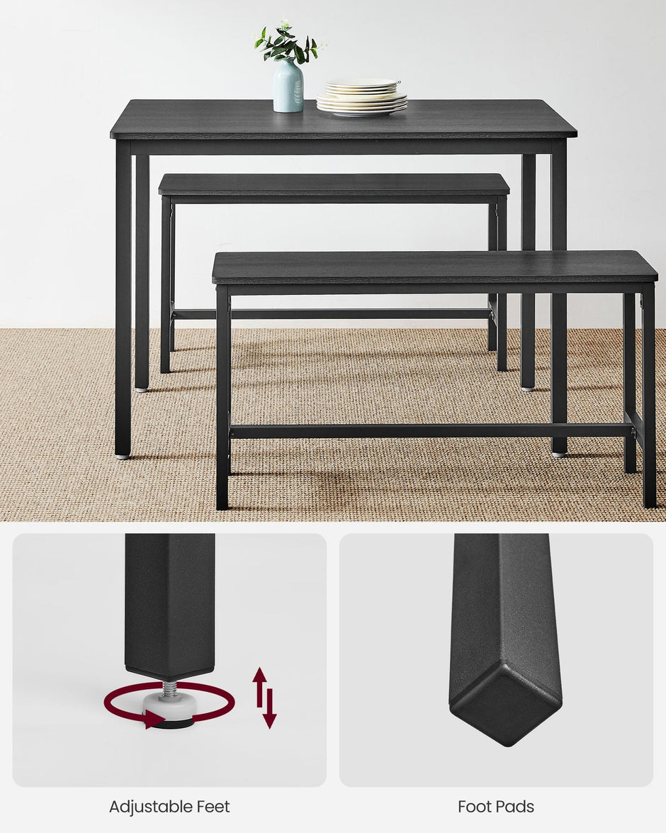 Dining Table Set – Steel – Ash Black and Ink Black – Industrial Design with 2 Benches