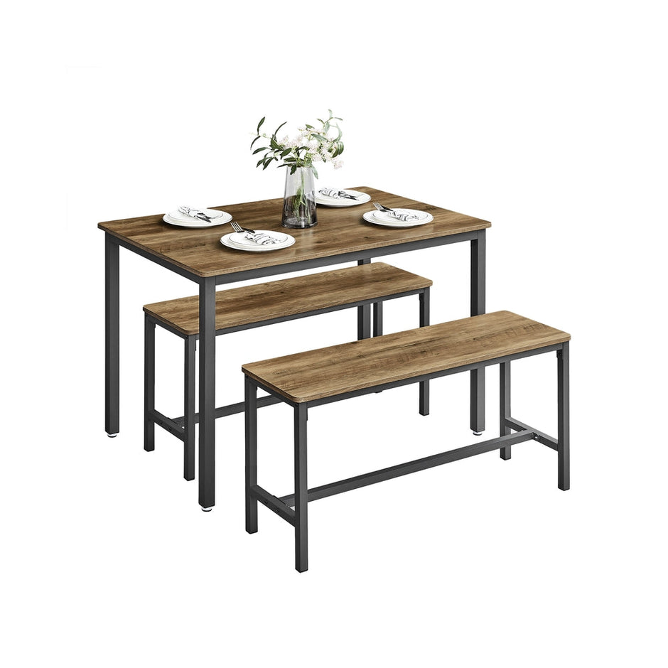 Dining Table Set – Steel – Rustic Brown and Black – Includes 2 Benches