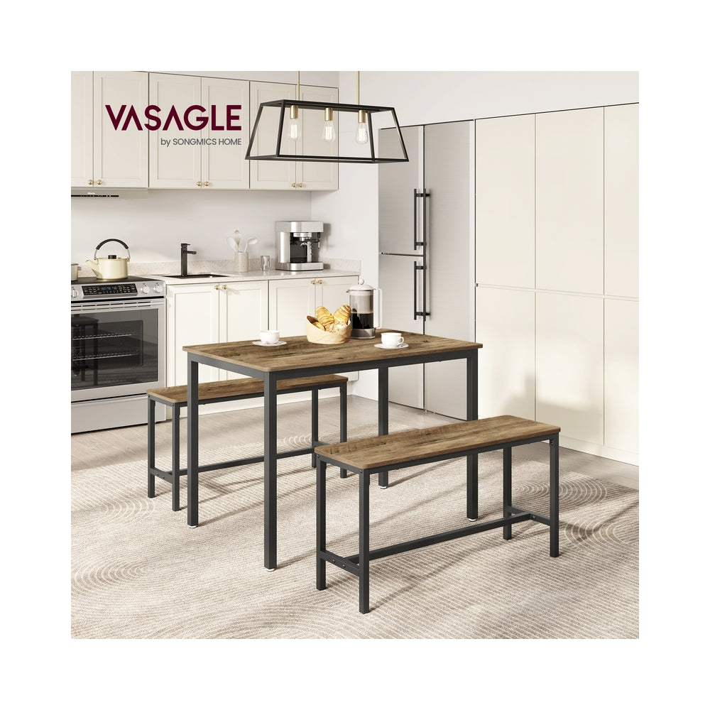 Dining Table Set – Steel – Rustic Brown and Black – Includes 2 Benches