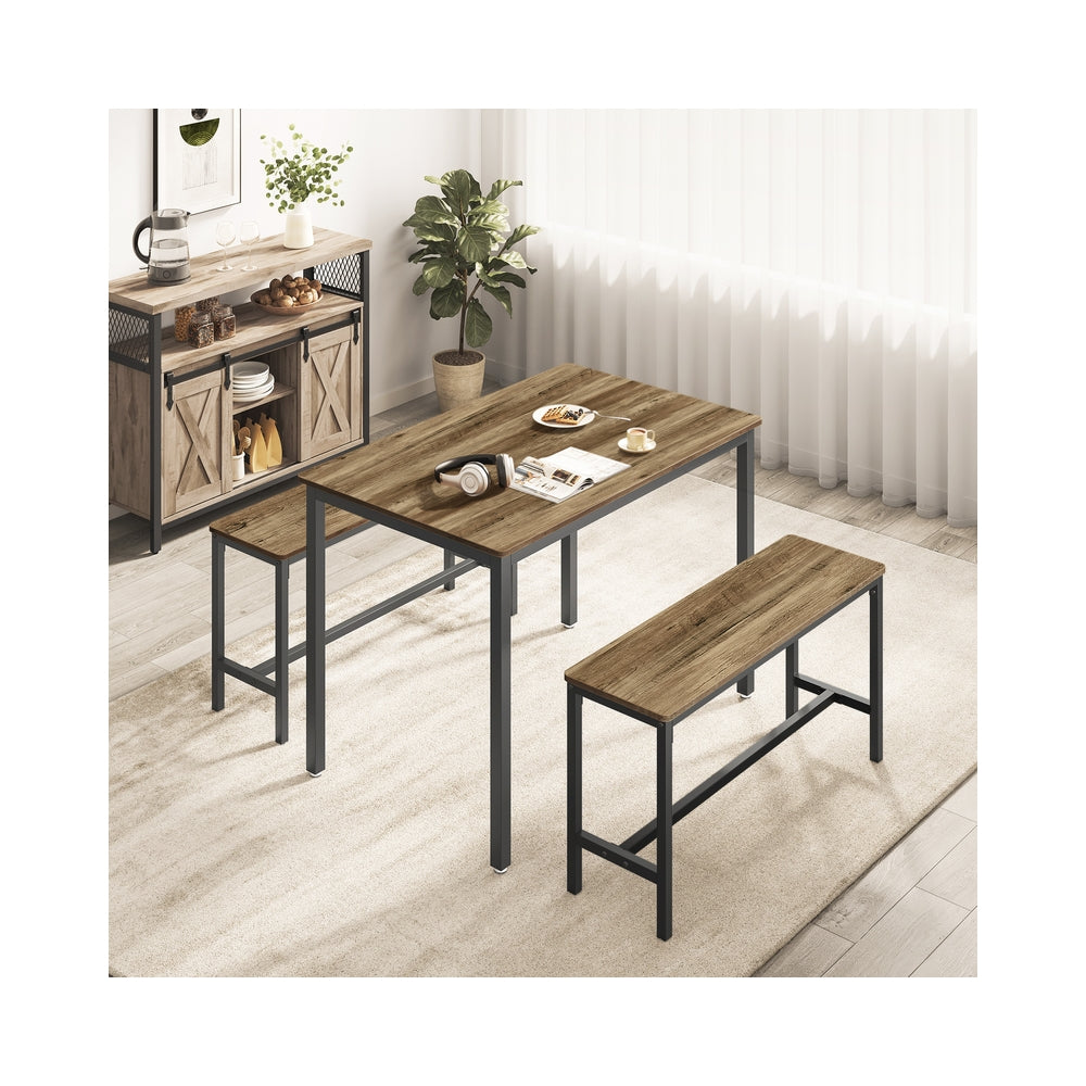 Dining Table Set – Steel – Rustic Brown and Black – Includes 2 Benches