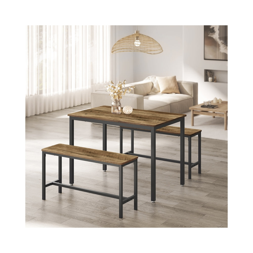 Dining Table Set – Steel – Rustic Brown and Black – Includes 2 Benches
