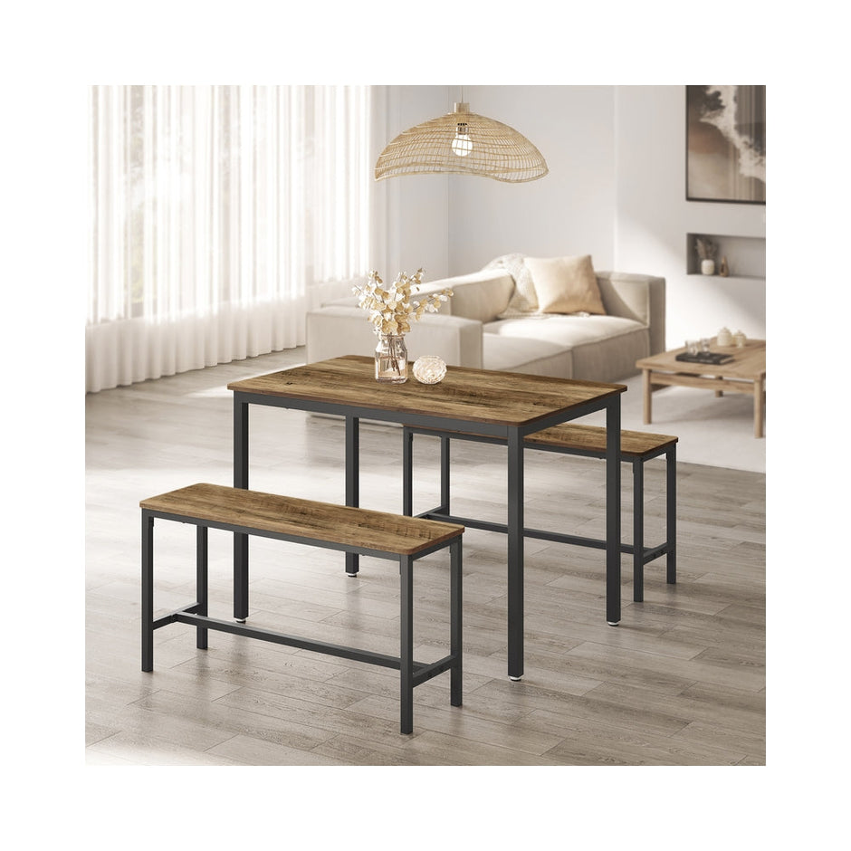 Dining Table Set – Steel – Rustic Brown and Black – Includes 2 Benches