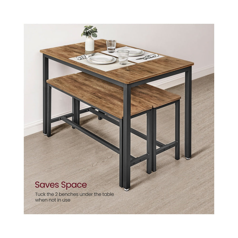 Dining Table Set – Steel – Rustic Brown and Black – Includes 2 Benches