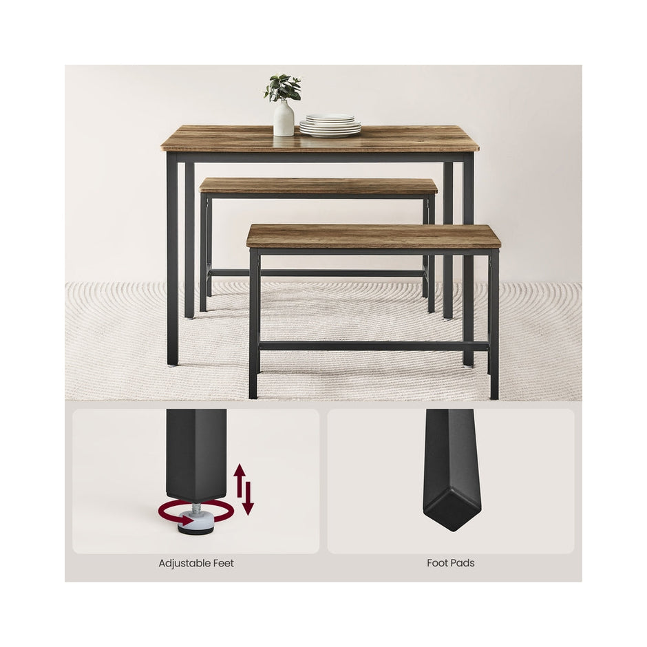 Dining Table Set – Steel – Rustic Brown and Black – Includes 2 Benches