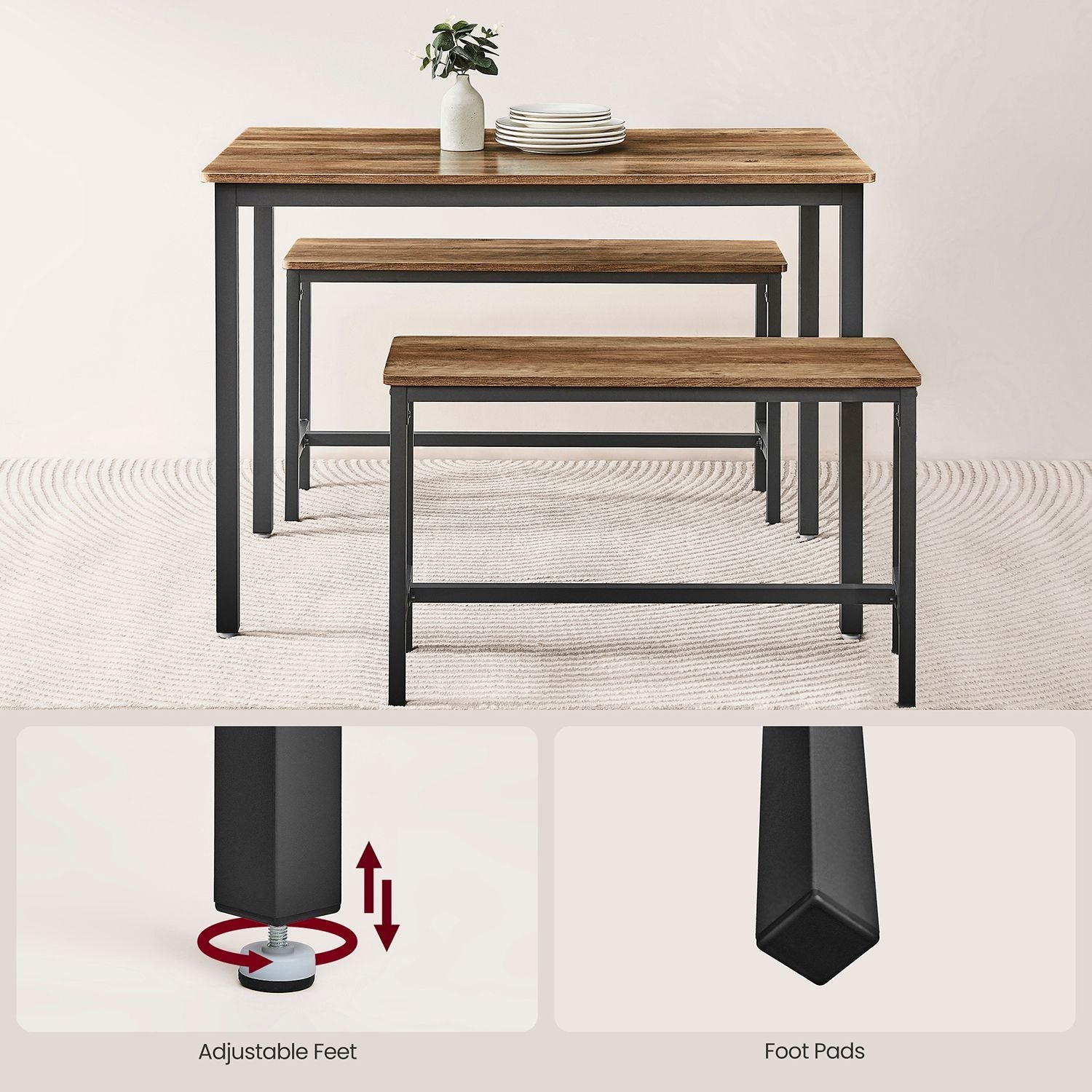 Dining Table Set – Steel – Rustic Brown and Black – Includes 2 Benches