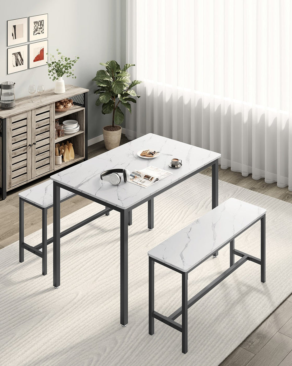 Dining Table Set – Steel – Rustic Brown and Black – Includes 2 Benches