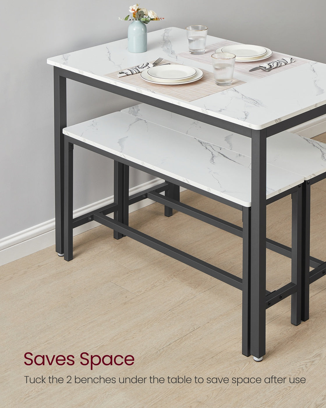 Dining Table Set – Steel – Rustic Brown and Black – Includes 2 Benches