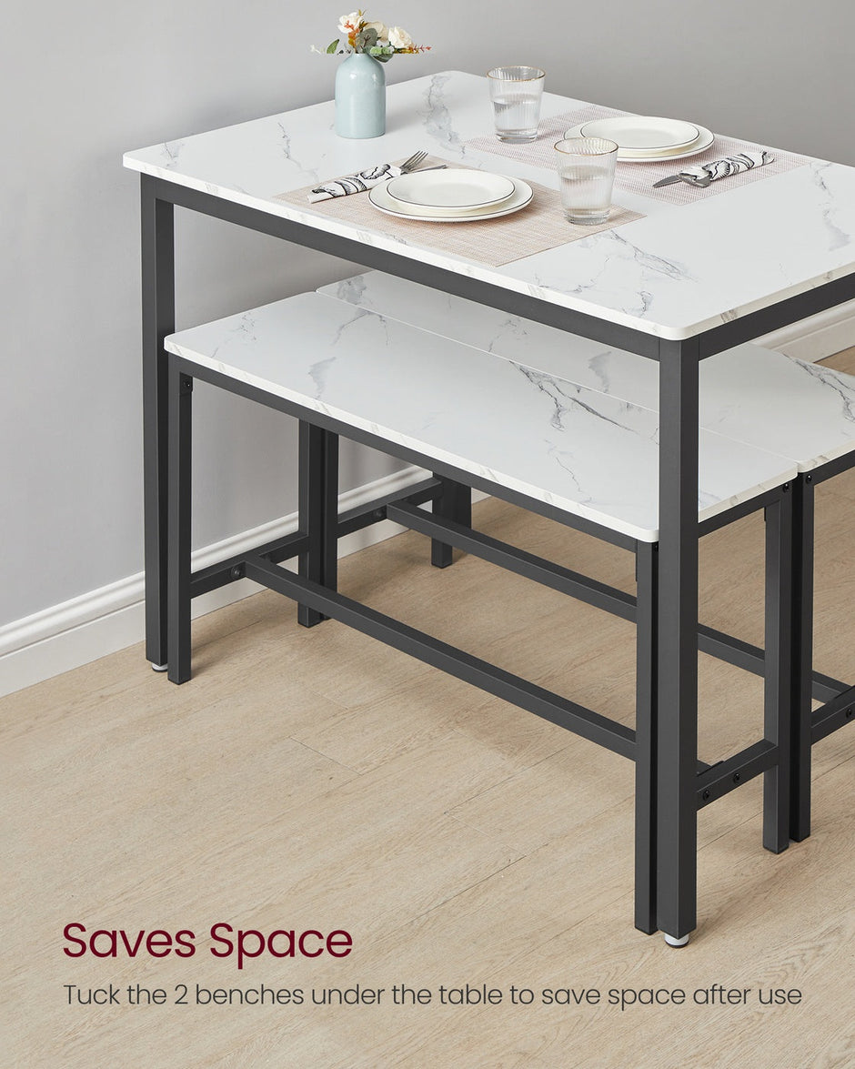 Dining Table Set – Steel – Rustic Brown and Black – Includes 2 Benches