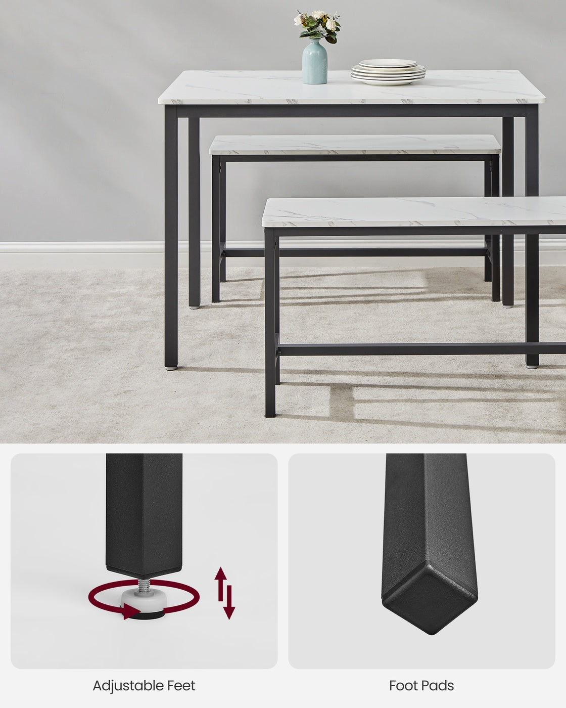 Dining Table Set – Steel – Rustic Brown and Black – Includes 2 Benches