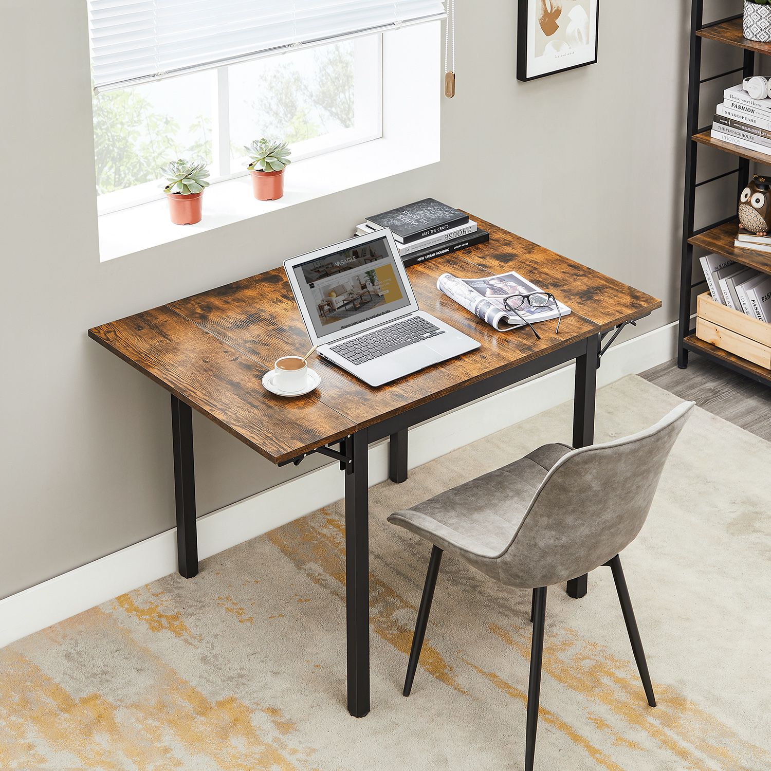 Extendable Dining Table – Wood – Rustic Brown and Ink Black – Folding Design for Small Spaces