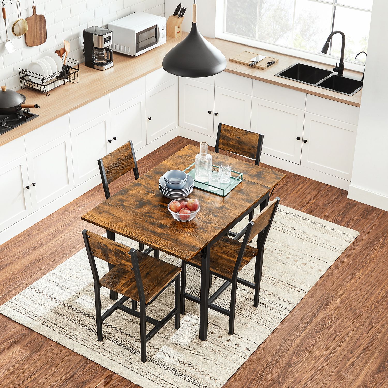 Extendable Dining Table – Wood – Rustic Brown and Ink Black – Folding Design for Small Spaces